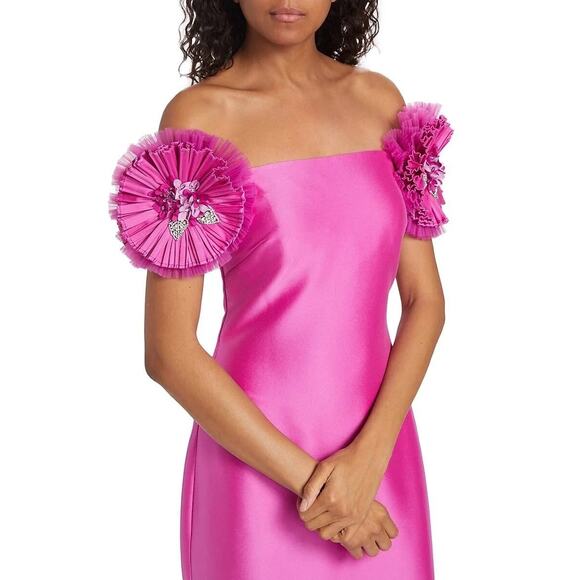 Badgley Mischka Mikado Mermaid Gown Off-Shoulder Pinwheel Flowers pink size 4 - Picture 3 of 15